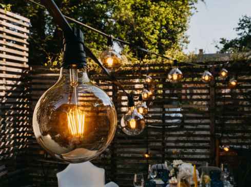 Close up of a lightbulb in a garden with garden structure in the background